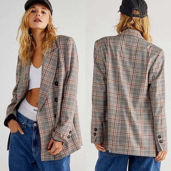 Free People Oversized Ashby Plaid Double Breasted Blazer